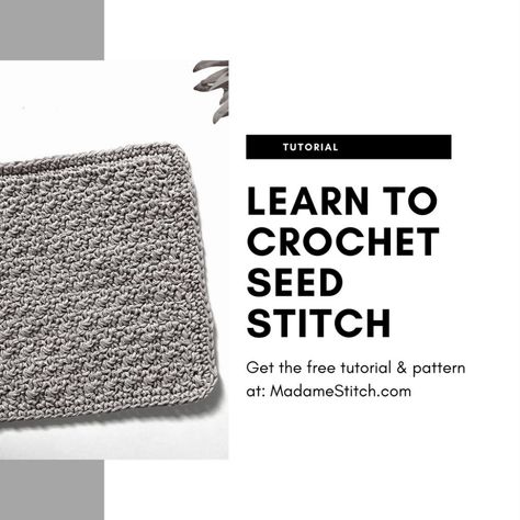 Crochet seed stitch tutorial and pattern | MadameStitch Double Crochet Scarf Pattern, Seed Stitch Crochet, Double Crochet Scarf, Crochet Seed Stitch, Crochet Block Stitch, Double Seed Stitch, Crochet Mens, Crochet Mens Scarf, Crochet Bathroom