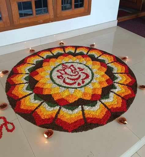 Diwali Theme Rangoli, Pookalam Design Onam For Competition, Onam Pookalam Design Drawing, Diwali Rangoli Ideas, Onam Pookalam Design, Floral Rangoli, Pookalam Design, Simple Flower Rangoli, Rangoli Designs For Competition