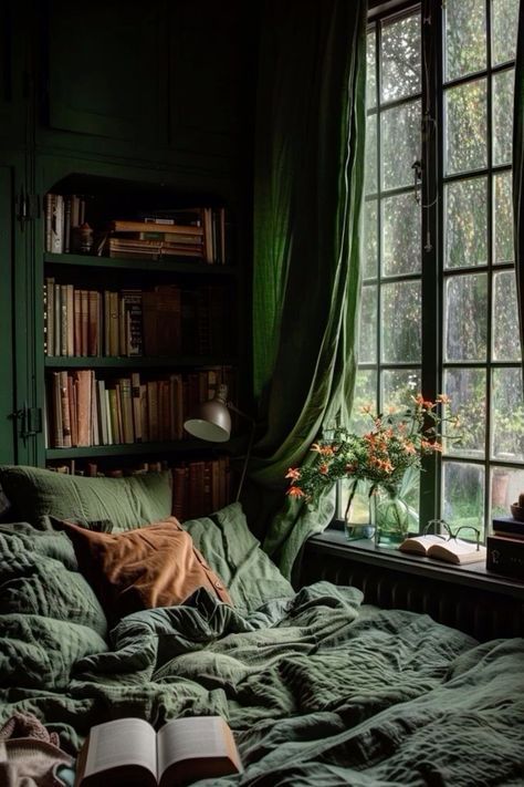 Dark Witchy Bedroom, Goblincore Stuff, Dark Cottagecore Bedroom, Fall Library, Dark Green Rooms, Witchy Bedroom, Moody Bedroom Ideas, Academia Bedroom, Magical Bedroom