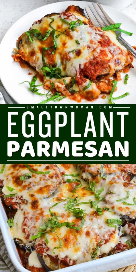 In search of vegetarian main dishes for dinner? Here's a simple dinner idea featuring pan-fried breaded eggplant! Baked with marinara sauce and cheese, this easy eggplant parmesan recipe is delicious. Everyone will love this Italian casserole! Sandwich Vegetarian, Sausage Parmesan, Eggplant Parmigiana, Eggplant Recipes Easy, Eggplant Parmesan Baked, Small Town Woman, Eggplant Recipes Parmesan, Side Dishes Veggies, Eggplant Parm