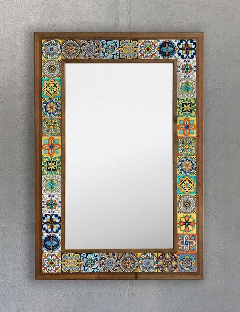 Wall Hanging Ceramic, Tile Mirror, Mirror Wall Hanging, Mosaic Tile Mirror, Stone Mirror, Ceramic Home Decor, Wooden Mirror Frame, Handmade Mirrors, Mirror Wall Bedroom