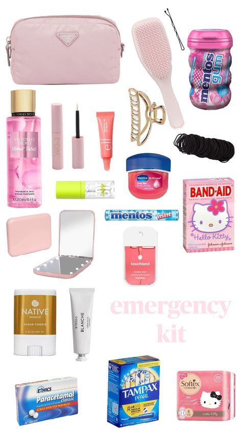 emergency kit #cleangirl #essentials #emergencykit #basic #organisedk 5th Grade Emergency Kit, What To Put In Your Emergency Kit, Emergency Kit For Girls, Preppy Basics, School Emergency Kit, Road Trip Kit, School Backpack Essentials, Girl Kit, Preppy School Supplies