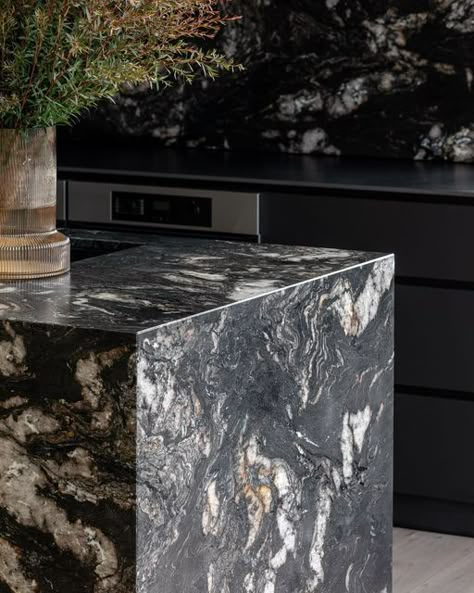 Titanium Gold Granite, Bar Millwork, Alcove Bar, Dark Moody Kitchen, Titanium Granite, Kosher Kitchen, Moody Kitchen, Marble Aesthetic, Natural Interiors