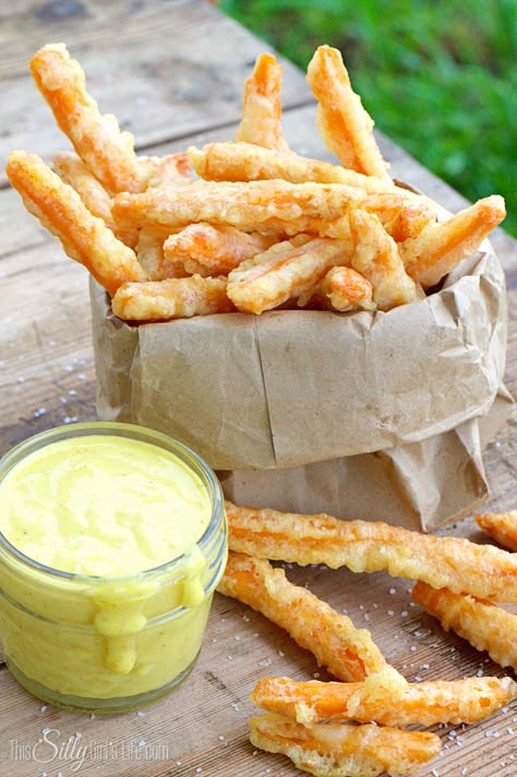 Coconut Tempura Sweet Potato Fries with Curry Aioli - This Silly Girl's Kitchen Tempura Sweet Potato, Curry Fries, Curry Aioli, Sweet Potato Tempura, Frozen Sweet Potato Fries, Freeze Sweet Potatoes, Aioli Sauce, Tempura Batter, Asparagus Fries