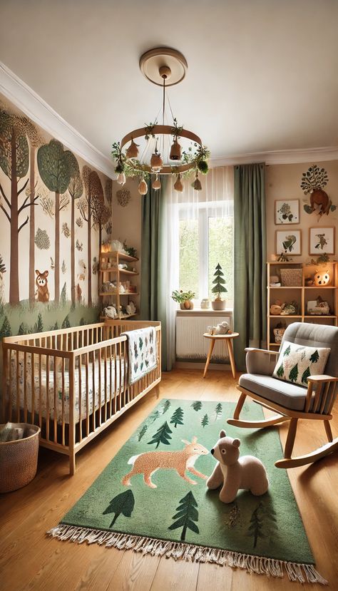 21 Stunning Nursery Decor Ideas That Will Transform Your Baby's Room 🌟👶 Forestry Nursery Ideas, Nursery Room Woodland Theme, Nursery Animals Theme, Woodland Interior Design, Baby Nursery Forest Theme, Forrest Nursery Boy Baby, Woodland Nursery Theme Boy, Forest Toddler Room, Green Crib Nursery