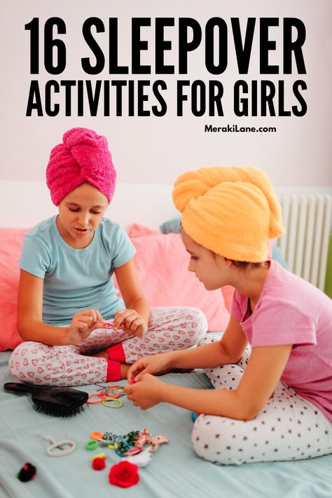 16 Simple Sleepover Ideas for Girls | If your daughter is having a sleepover with one or several friends, it's important to be prepared with games and activities to keep everyone happy and entertained. In this post, we share 16 ideas to inspire you, including a mix of indoor crafts, outdoor activities, and places you can visit to add a little excitement to the experience. Perfect for birthday parties, these ideas are easy to setup and super fun, ensuring a positive slumber party for everyone! Girl Sleepover Activities, Disney Sleepover Ideas, Cute Sleep Over Ideas, Diy Slumber Party Ideas, Crafts To Do At A Sleepover, Girls Sleepover Activities, Girls Sleep Over Birthday Party Ideas, Simple Sleepover Ideas, Slumber Party Games For Kids