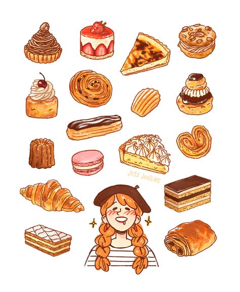 French pastries illustration by Jess Jenkins. 

Pastries include: mont blanc, frasier, flan, paris-brest, baba au rhum, pain aux raisins, madeleine, religieuse, canele macaron, tarte au citron, palmier, croissant, opera, mille-feuille, pain au chocolate 

#foodillustration #illustration #illustrator #digitalillustration #frenchillustration #dessins Pastries Illustration, Pastry Drawing, French Pastries Art, Croissant Illustration, Pastry Illustration, Paris Brest, French Bakery, Pastry Art, French Pastries