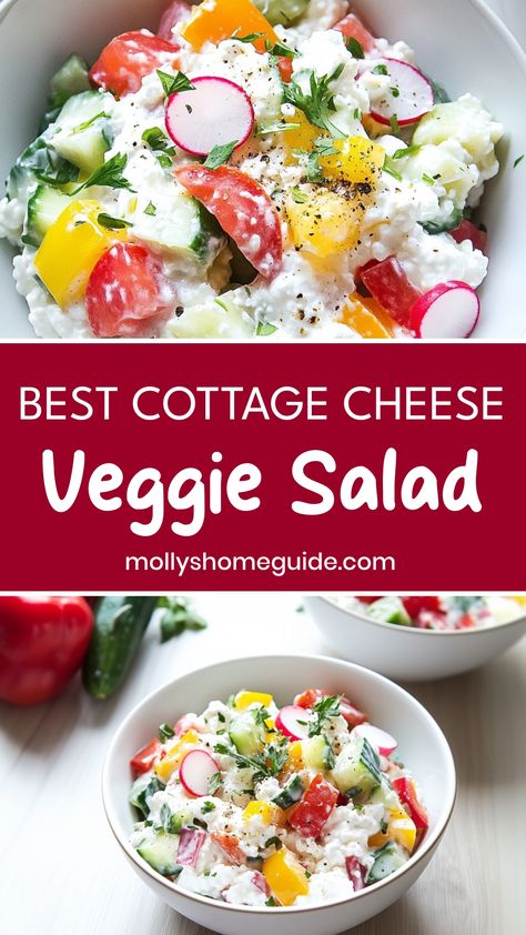 Looking for a refreshing and nutritious meal idea? Try this delicious cottage cheese veggie salad recipe! Packed with protein-rich cottage cheese and fresh, colorful vegetables, this salad is not only healthy but also incredibly satisfying. It's quick and easy to make, perfect for a light lunch or a side dish at your next summer barbecue. Whether you're a fan of cottage cheese or looking to incorporate more veggies into your diet, this salad is sure to become a favorite in your household. Cottage Cheese Salad Recipes Veggies, Cottage Cheese Caprese Salad, Cottage Cheese Healthy Recipes, Cottage Cheese Meals, Cottage Cheese Egg Salad, Low Calorie Pancakes, Cheese Salad Recipes, Cottage Cheese Salad, Veggie Salad Recipes