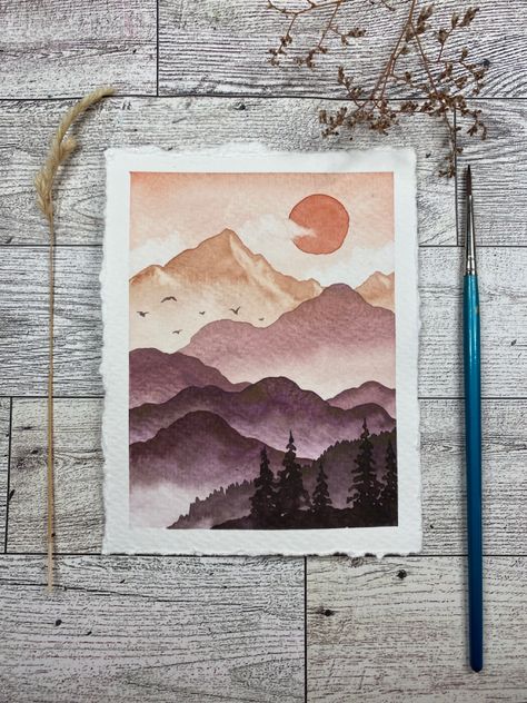 Outdoor Watercolor Painting, Watercolor Art For Beginners Nature, Simple Aquarelle Painting, Mountain Watercolor Painting Easy, Simple Mountain Watercolor, Easy Watercolor Mountains, Watercolour Mountains Landscapes, East Watercolour Painting, Watercolor Trees Landscape