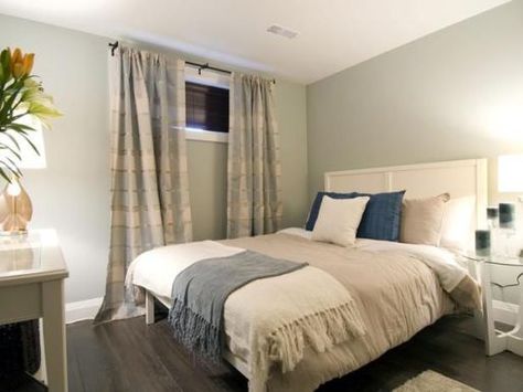 dark room decorating with sherwin williams misty or benjamin moore wickham gray Light Paint Colors, Basement Guest Rooms, Basement Bedroom, Basement Windows, Small Basements, Basement Makeover, Basement Bedrooms, Basement Decor, Trendy Bedroom