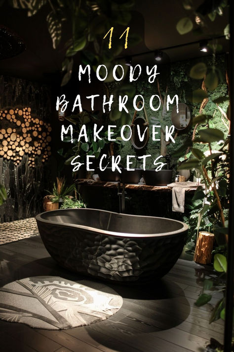 Want to add drama and depth to your bathroom? 🖤 Explore the secrets of moody bathroom design! From choosing the perfect dark paint colors to selecting statement fixtures, I'll guide you through every step. Discover how to incorporate moody elements while maintaining functionality. Ready to transform your space? Click for inspiration! 🚿 #MoodyInteriors #BathroomMakeover #DarkDecor #LuxuryDesign #BathroomInspo Bathroom Ideas Boho Chic, Moss In Bathroom, Dark Spa Bathroom Ideas, Dark Tropical Bathroom, Dark Boho Bathroom Ideas, Dark Bathroom Colors, Dark Botanical Bathroom, Moody Bathroom Colors, Lighthouse Bathroom Ideas