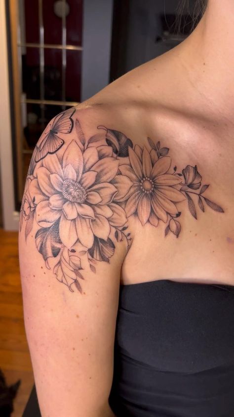 Tattoo | Front shoulder tattoos, Flower tattoo shoulder, Floral tattoo shoulder Shoulder Piece Tattoo, Top Of Shoulder Tattoo, Feminine Shoulder Tattoos, Cap Tattoo, Front Shoulder Tattoos, Shoulder Cap Tattoo, Shoulder Sleeve Tattoos, Body Tattoo Design, Butterfly Tattoo On Shoulder