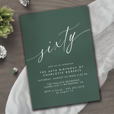 $2.92 | Emerald Green | Formal Calligraphy 60th Birthday #60th birthday invitations, sixty script chic fancy calligraphy, text only simple type typography, instant download digital downloadable, sophisticated classy adult cursive font, womens or mens 60th birthday, gender neutral unisex formal modern, dark green emerald jewel tone, minimal basic clean stylish colorful, 60 60th birthday party invites 60 Birthday Invitation, Fancy Calligraphy, Elegant Birthday Invitations, Vintage Cuba, 60th Birthday Party Invitations, Bday Invitations, 60th Birthday Invitations, Calligraphy Text, Dark Green Background