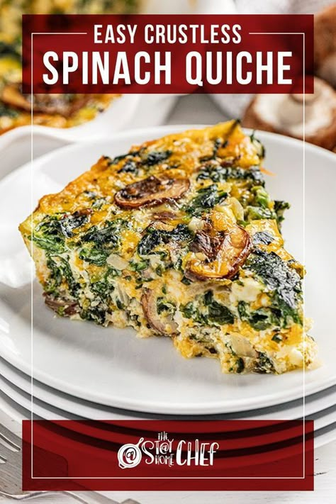 This Spinach Quiche is easy to make and full of delicious flavor! You'll love the combination of spinach, sweet onion, mushrooms, and cheddar and feta cheeses. Be sure to check it out! Mushroom And Spinach Quiche, Crustless Spinach Quiche, Breakfast Quiche Recipes Easy, Spinach Feta Quiche, Quiche Recipes Crustless, Vegetable Quiche Recipes, Spinach Quiche Recipes, Breakfast Favorites, Vegetable Quiche