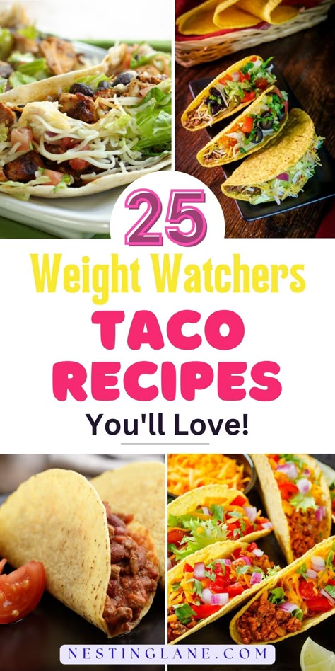 Graphic for Pinterest of 25 Best Weight Watchers Taco Recipes for Your Next Fiesta. Weight Watchers Beef Recipes, Itrackbites Recipes, Weight Watchers Enchiladas, Weight Watchers 2023, Ground Turkey Taco Recipes, Hmr Recipes, Ground Chicken Tacos, Turkey Tacos Recipes, Recipes Tacos