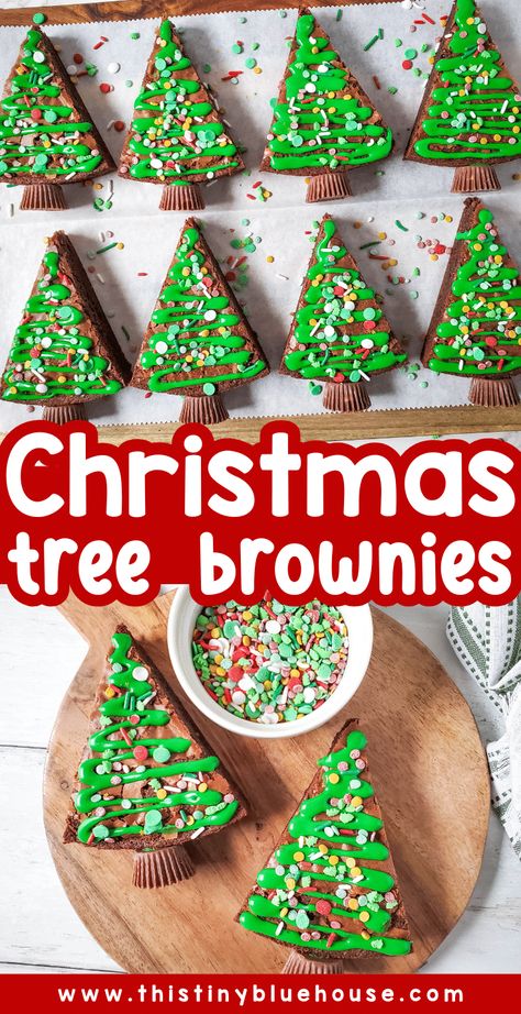 These simple Christmas tree brownies are a an adorable festive holiday treat for kids and adults alike. Perfect for Christmas parties, bake sales and cookie exchanges these homemade brownie Christmas trees are quick and easy to make. Use box mix or your favorite homemade brownie recipes to make these festive brownie Christmas trees! Head over to our blog to get step by step instructions to make your own Christmas tree brownies this holiday season. Christmas Mincemeat, Brownie Christmas, Tree Brownies, Christmas Tree Brownies, Christmas Brownies, Holiday Sprinkles, Easy Christmas Treats, Homemade Brownies, Christmas Foods