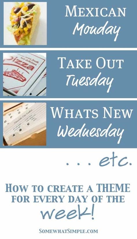 How to create a meal theme for every day of the week! Simple + effective! Meal Themes, Meal Plan Template, Meal Schedule, Easy Meal Planning, Meal Planning Menus, Meal Planning Template, Family Meal Planning, Meal Planning Ideas, Weekday Meals