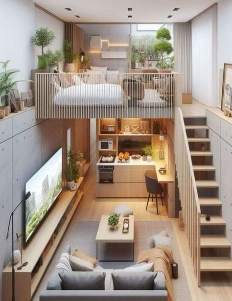 Mezzanine Floor Design, Loft Type House, Loft House Ideas, Cute Apartments, Small Apartment Studio, Garage Suite, Modern Loft House, Tiny Apartment Decorating, Attic Bedroom Storage