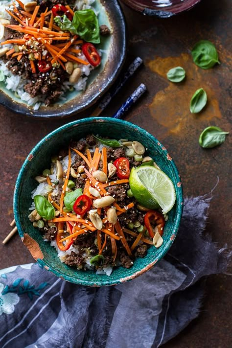 20 Minute Thai Basil Beef and Lemongrass Rice Bowls | http://halfbakedharvest.com /hbharvest/ 30 Minute Thai Basil Beef Noodles, Lemongrass Rice, Thai Bowl, Basil Beef, Thai Basil Beef, Rice Bowls Healthy, Best Ground Beef Recipes, Bowls Healthy, Half Baked Harvest Recipes