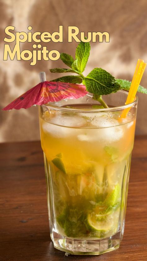 The Spiced Rum Mojito is an imaginative rendition of the classic Cuban cocktail, crafted with a sweet and spicy symphony. #SpicedRumMojito Spiced Rum Mojito, Cuban Cocktails, Spiced Rum Drinks, Mint Simple Syrup, Rum Recipes, Mojito Cocktail, Tiki Drinks, Mojito Recipe, Fruity Cocktails