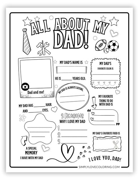 Free All About My Dad coloring pages are the perfect gift for Father's Day or any day to let Dad know how much you appreciate all he does Father’s Day Work Sheet, Free Dad Printables, Dad Coloring Page Free Printable, All About My Dad Free Printable Kids, Happy Father’s Day Coloring Pages, Happy Birthday Dad Coloring Page, Free Father’s Day Printables For Kids, Father’s Day Colouring Sheet, Father’s Day Coloring Page