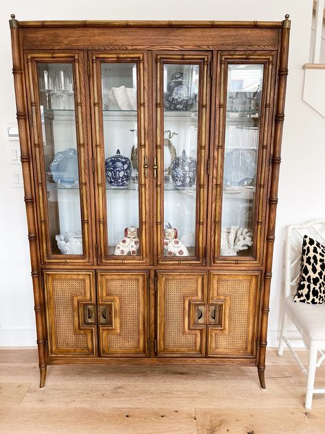 Bamboo China Cabinet, Colorful Transitional, Southern Coastal Decor, Large Nightstands, China Cabinet Makeover, Cover Wrinkles, Gold Shelves, Serenity Blue, Mom Needs