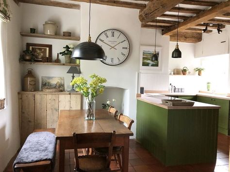 Bancha Farrow And Ball, Farrow And Ball Kitchen Cabinets, Farrow And Ball Kitchen, Retirement Cottage, Kitchen Refurbishment, Green Kitchens, Large Fridge, Kitchen 2021, Lovely Sunday