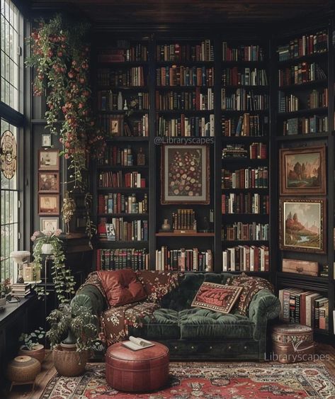 Dark Academia Small Apartment, Home Library Dark Academia, Dark Academia Reading Nook, Colleen Core, Room Decor Dark Green, Living Room Dark Academia, Dark Library Aesthetic, Academia Living Room, Ramshackle Dorm