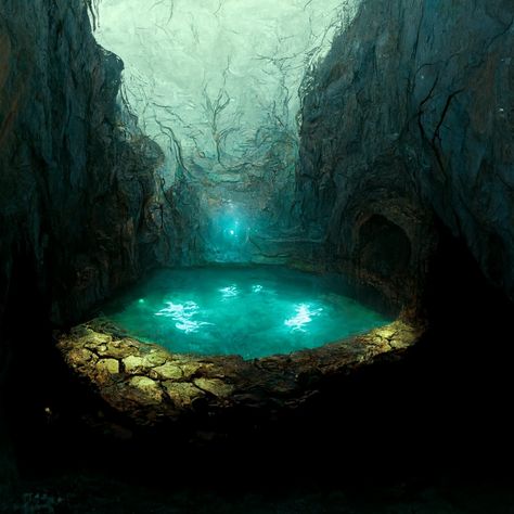 An underground pool with earthy cobblestones along the edge. It’s lit from within the pool and through a translucent wall behind it. Dnd Environment, Magical Cave, Underground Lake, Cave Pool, Curse Of Strahd, Book Writing Inspiration, Ice Snow, Book Writing, One Shot