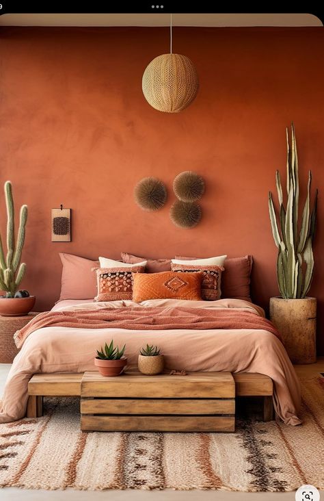 Terracotta Colored Walls, Terracotta Blush Bedroom, Terracota Room Aesthetic, Boho Orange Paint Color, Rust Walls Bedroom, Terracotta Color Bedroom, Terra Cotta Color Palette Bedrooms, Bedroom Colour Ideas For Small Rooms, Terracotta Bedspread