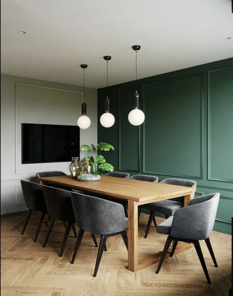 Dining Room Accent Wall, Green Accent Walls, Dark Green Walls, Green Dining Room, Dining Room Accents, Room Accent Wall, Dining Room Pendant, Pendant Lighting Dining Room, Dining Room Colors