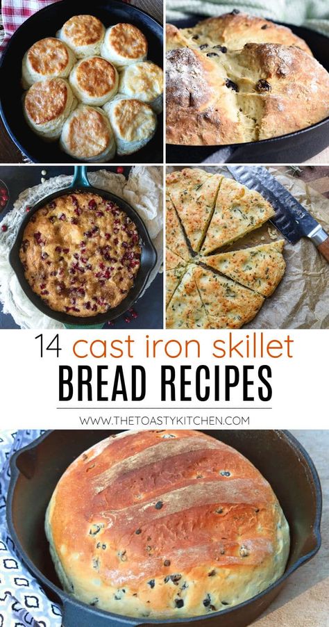 14 cast iron skillet bread recipe round up by The Toasty Kitchen. Today I'm sharing with you 14 cast iron skillet bread recipes. Whether on the stove top or in the oven, you'll find a variety of delicious homemade bread recipes on this list. #homemade #bread #breadrecipes #castironskillet #castironbread #skilletbread #homemadebread #breadfromscratch #fromscratch #recipes Iron Skillet Bread Recipes, Cast Iron Skillet Bread Recipes, Skillet Bread Recipes, Cast Iron Skillet Bread, Iron Skillet Bread, Cast Iron Bread Recipes, Cast Iron Recipes Dinner, Homeschool Meals, Cast Iron Skillet Recipes Dinner