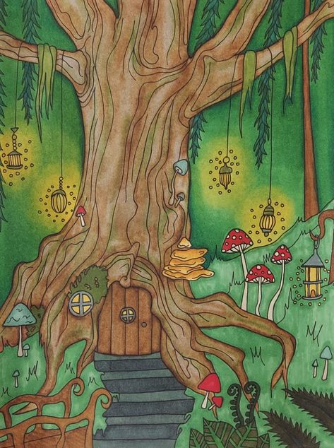 Forest Drawing Easy, Fairy House Drawing, Fairytale Drawings, Fairy Garden Drawing, Tree House Drawing, Fairy Garden Art, Forest Drawing, Storybook Art, Forest Painting