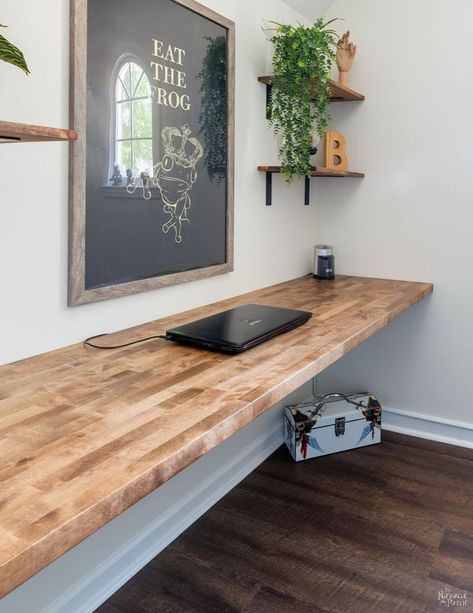 How to Make a Floating Desk that's Simple, Sturdy & Inexpensive | Home office decor, Diy floating desk, Home office setup Hinged Desk On Wall Diy, Wall Mounted Desk Floating, Wall Length Desk Office, Office Long Desk Wall, Wall To Wall Office Desk, Diy Table On Wall, Floating Shelf Desk Workspaces, Shelving Desk Wall, Desk Connected To Wall