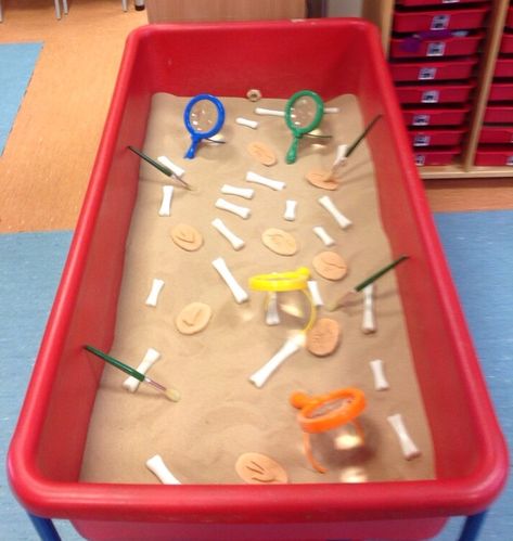 Dino dig! Dig & dust, discover & examine fossils & bones. Funny Bones Activities Eyfs, Funnybones Eyfs, Funny Bones Eyfs, Tuff Spot Ideas, 2024 Classroom, Archaeology Dig, Dino Dig, Eyfs Ideas, Tuff Tray Ideas