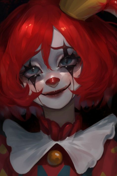 Anime Clown Art, Clown Character Art, Clown Concept Art, Clown Anime Icon, Girl Clown Drawing, Clown Girl Drawing, Clown Girl Art, Clown Oc Art, Girl Clown