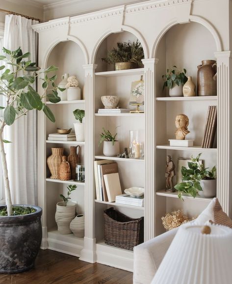 Curved Shelves Built Ins, Built In Shelves With Arch, Arch Shelves Built Ins, Bookshelf Archway, Arched Shelf Built In, Arched Book Shelf, Arched Bookcases Beside Fireplace, Arch Shelf In Wall, Arched Bookshelf Built Ins