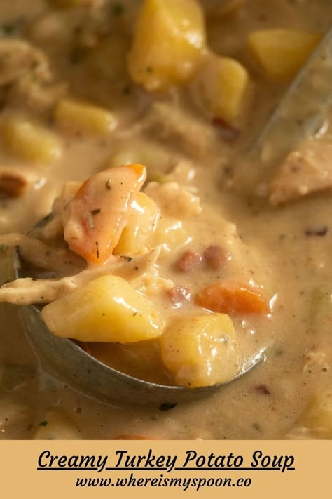 Turn your Thanksgiving leftovers into a tasty creamy turkey potato soup! 🍲🦃 Use up leftover turkey, veggies, cheese, and a flavorful roux for a comforting and easy meal. This warm and filling dish is perfect for cozy evenings. 😋✨ #whereismyspoon #LeftoversRecipe #TurkeySoup #ComfortFoodIdeas #EasyRecipes #ThanksgivingLeftovers #SoupLovers #HomemadeSoup #SimpleCooking #OnePotMeal #DeliciousDinner #EasyMealIdeas #FamilyRecipes #WarmAndCozy #CookingAtHome #WinterRecipes Recipes Using Turkey Broth, Turkey Potato Soup, Cream Of Turkey Soup, Instant Pot Turkey Soup, Creamy Turkey Soup, Leftover Soup, Turkey Potato, Potatoes Soup, Ground Turkey Soup