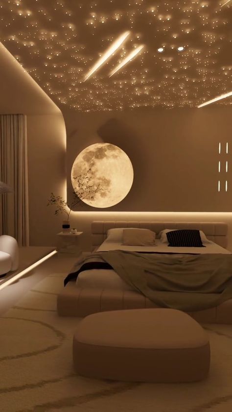 Bedroom smart lighting interior 🛌#lightingdesign 🌌 #homedesign #designhome #designerhome #homeinteriordesign #homeofficedesign… | Instagram 10×12 Bedroom Design, Ultra Luxury Bedroom, Moon Inspired Bedroom, Cozy Modern Interior, Ceiling Mirror, Flourescent Light, Millionaire Lifestyle Luxury, Stylish Room Decor, Spacious Bedroom