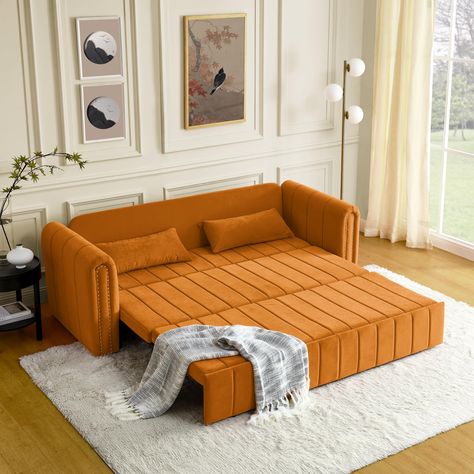 PRICES MAY VARY. 3 IN 1 Convertible Sofa Bed - This king pull out sofa bed can be used as a sofa or a bed, there are two length options, when not fully pulled out, it becomes a chaise sofa, and when fully pulled out, it can be transformed into a king sofa bed for for entertaining overnight guests. Comfortable and Stable - This king sleeper sofa is upholstered in soft velvet fabric with tufting design, and filled with high-density foam, making it comfortable for both sitting and sleeping. Premium 3 Seat Sofa Bed, Sofa Orange, Velvet Sleeper Sofa, Loveseat Sofa Bed, Bequia, Copper Nails, Sofa Velvet, Modern Sofa Bed, Pull Out Sofa Bed