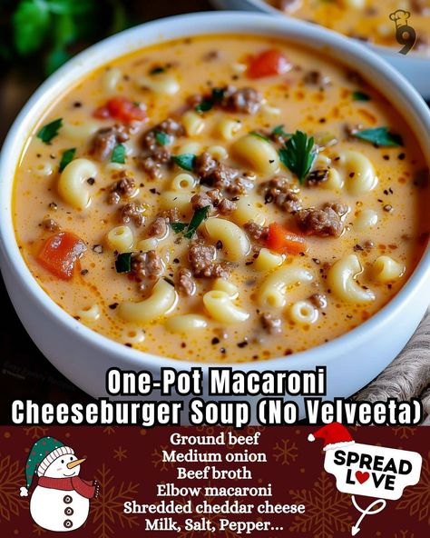 One-Pot Macaroni Cheeseburger Soup (No Velveeta) – Nine Recipes Macaroni Noodle Soup Recipes, Easy Cheeseburger Soup Recipe, Healthy Cheeseburger Soup Recipes, Soup For 4 People, Crock Pot Macaroni Cheeseburger Soup, Cheesy Chicken Soup Velveeta, Vegetable Beef Soup With Macaroni, Soups Made With Velveeta Cheese, One Pot Cheeseburger Macaroni Soup No Velveeta