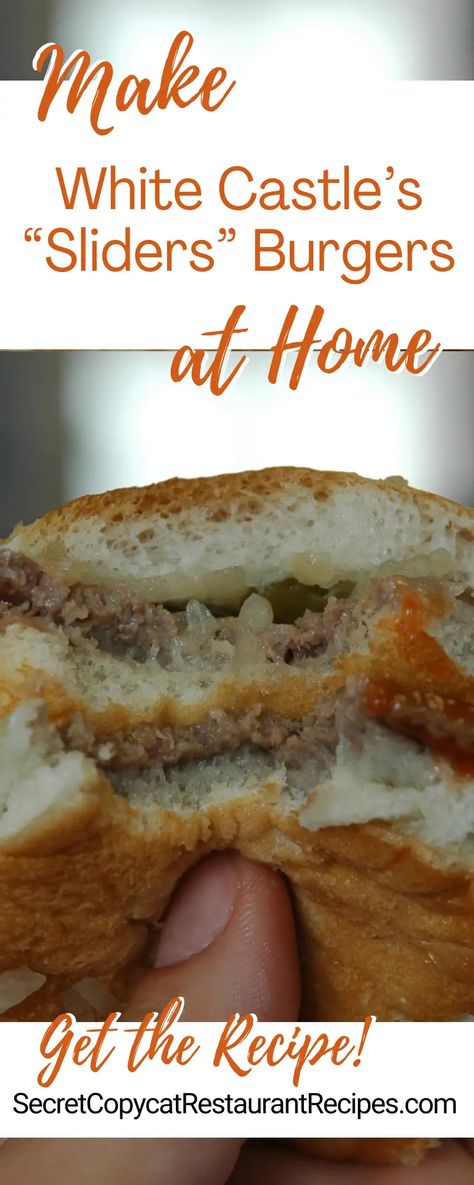 White Castle “Sliders” Burger Recipe Copycat Hamburger Recipes, White Castle Sliders Recipes Copycat, Homemade White Castle Sliders, Copycat White Castle Sliders, Krystal Burgers Recipe Sliders, Whitecastle Burgers, White Castle Sliders Recipes, Sliders White Castle, Sliders Burger