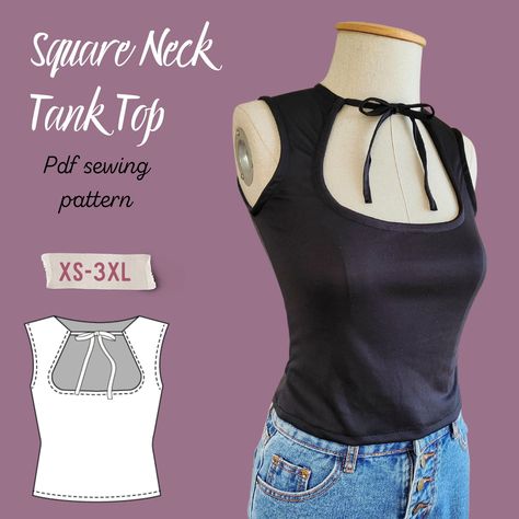 Cut Out Tie Front Tank Top-Square Neck Top PDF Sewing Pattern-  -Printable Sewing Pattern- Sewing Pattern in Sizes XS-3XL Halter Neck Pattern Sewing, Square Neck Tank Top Sewing Pattern, Square Neck Outfit Ideas, Sewing Tank Tops Pattern, Sewing Pattern Summer Top, Etsy Patterns Sewing, Simple Dresses To Sew, Alternative Sewing Patterns, Cute Top Sewing Patterns