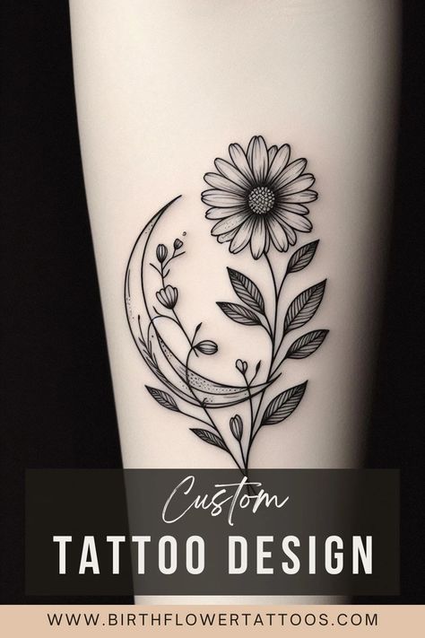 Minimalist Daisy Flower and Moon Tattoo - Elegant April Birth Flower Design Moon Star Flower Tattoo, Daisy And Moon Tattoo, Flower And Moon Tattoo, Daisy Tatoos, April Birth Flower Tattoo, Daisy Tattoos, Violet Flower Tattoos, Daisy Tattoo Designs, Mother Nature Tattoos