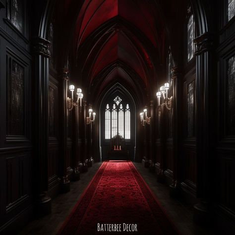 Vampire Office Aesthetic, Gothic Revival Fireplace, Gothic Castle Hallway, Gothic Castle Bedroom, Red Gothic Room, Goth Hallway, Gothic Corridor, Vampire Victorian Aesthetic, Gothic Home Aesthetic