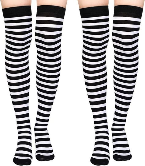 SATINIOR 2 Pairs Women Socks Over Knee Girl Long Opaque Striped Thigh High Socks (White and Black,Classic) at Amazon Women’s Clothing store Black And White Striped Socks, Striped Thigh Highs, Striped Thigh High Socks, Striped Knee High Socks, Black And White Socks, Womens Knee High Socks, Boo Basket, Black Thigh High, Thigh High Socks