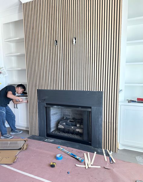 Major renovations transpiring in this Woodstock home! The CCFF team has been installing tambour accents throughout 2023💫.. Tambour is very versatile & can be used as decorative accents, wall panels, backsplash, cabinets, & furniture! #tambour #homedesign #interiordesign #homeremodel #livingroom #livingroomgoals Tambour Wall, Fireplace Accent Walls, Heights House, Trim Ideas, Rose House, Fireplace Built Ins, Wall Panel Design, Living Room Goals, Wall Trim