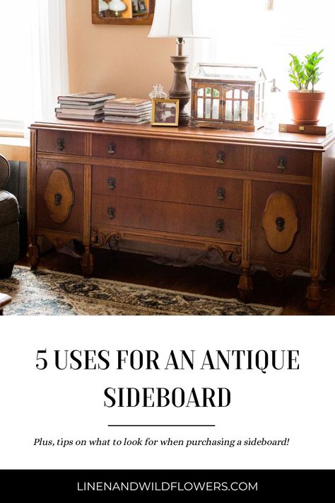 Antique Sideboard Styling, Buffet Table As Tv Stand, How To Style An Antique Sideboard, Antique Sideboards And Buffets, Antique Furniture In Kitchen, Antique Sideboard Decor, Vintage Sideboard Tv Stand, Antique Buffet Decor, Antique Sideboard Makeover