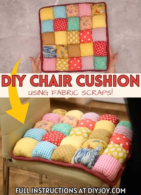 DIY Easy Chair Cushion with Fabric Scraps Tutorial | Cute Sewing Project Ideas Pillow Chair Diy, Diy Cushion Covers Easy, Chair Cushion Sewing Pattern, Seat Cushion Pattern, Diy Chair Cushion Covers, Easy Sewing Machine Cover, Diy Seat Cushions For Dining Chairs, Sew Chair Cushion, Quilted Chair Cushions