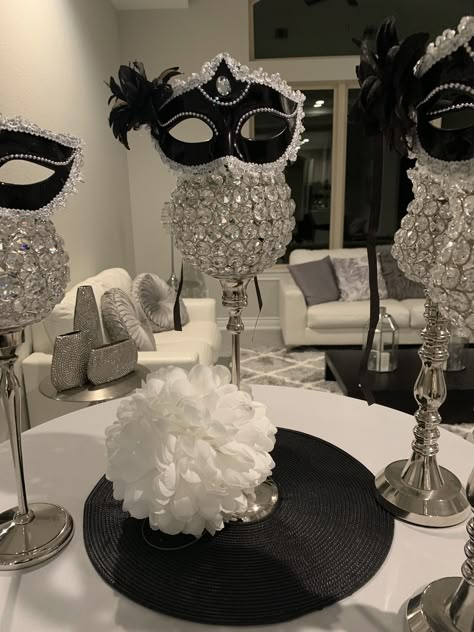 Mascarade Party Dresses Masquerade Ball Sweet 16, Masquerade Ball Centerpiece Ideas, Masquerade Sneaker Ball, Black And Silver Masquerade Party, Black Eye Mask Masquerade Party, Black And Silver Quinceanera Theme, Silver Formal Masquerade Mask For Carnival, Masquerade Ball Centerpieces, Mascarade Party Decorations